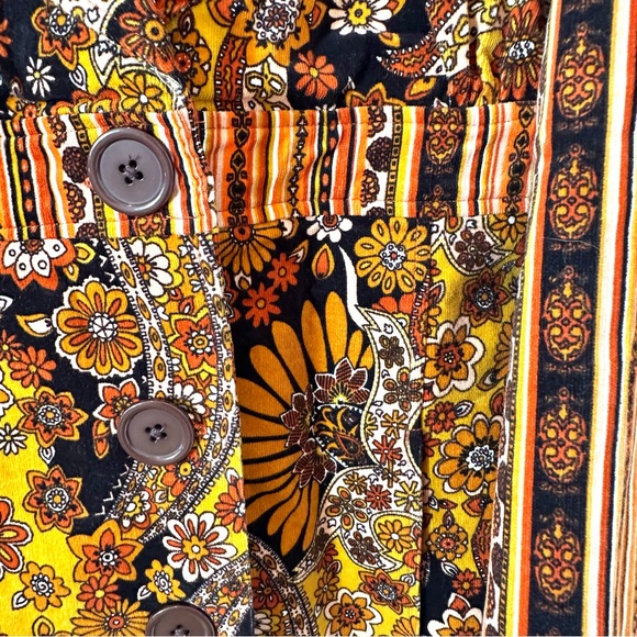 70s Boho Vintage Floral Flower Power Patchwork Trench Coat in Brown & Mustard XL - Picture 2 of 14